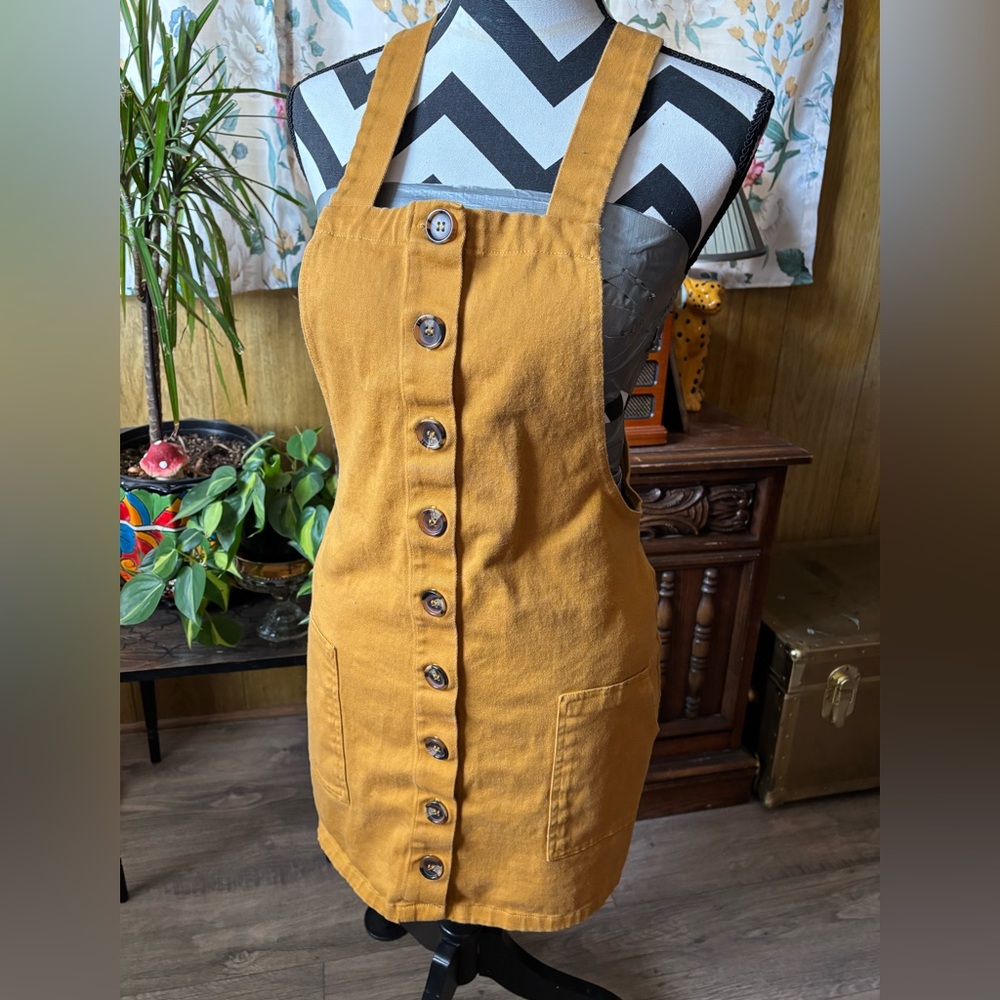 Mustard Button-Front Overall Dress